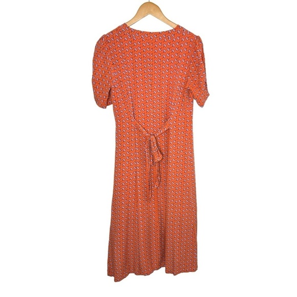 Oliver Bonas Women Floral Asymmetrical Button Up Dress Sz 12 Orange Short Sleeve - Picture 2 of 10